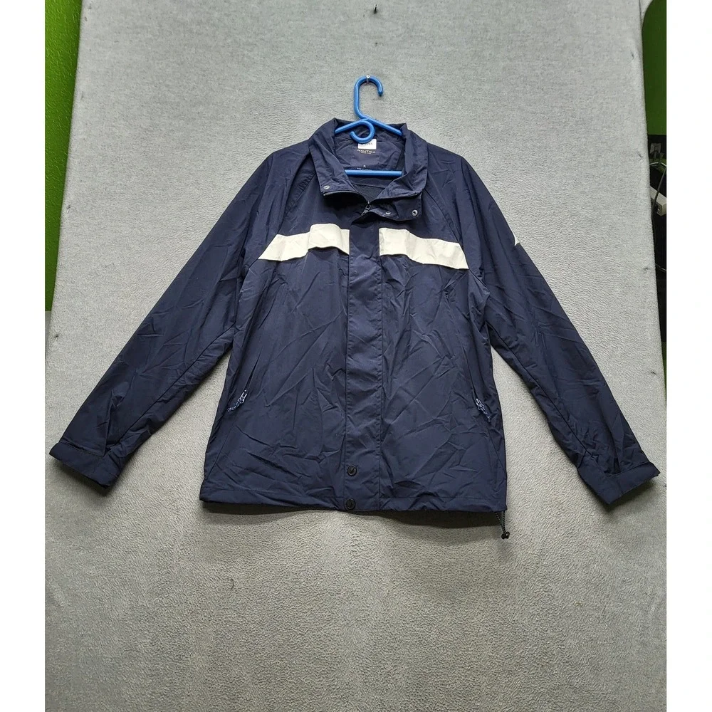 VINTAGE Nautica Men Jacket XL Navy Windbreaker Colorblock Zipper Long Sleeve Y2K